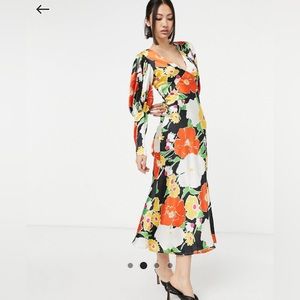 Satin Puff Sleeve Bias Midi Dress in Bold Floral Print